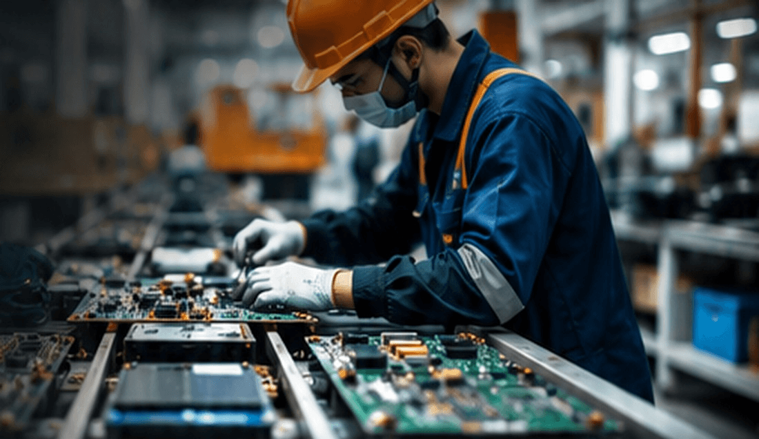 Technician dismantling circuit boards for material recovery